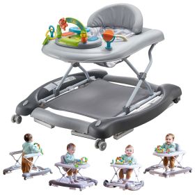 4-in-1 Baby Walker, Foldable Baby Activity Center on Wheels, 3 Adjustable Height, Music & Toys Tray (Color: Gray, Functional Morphology: 4 in 1)